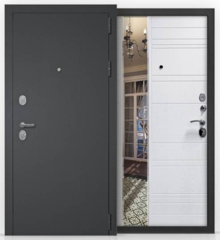 Дверь входная Волга-Бункер, Кристел Техно F, черный муар/белый зеркало фото Дверь входная Волга-Бункер, Кристел Техно F, черный муар/белый зеркало купить