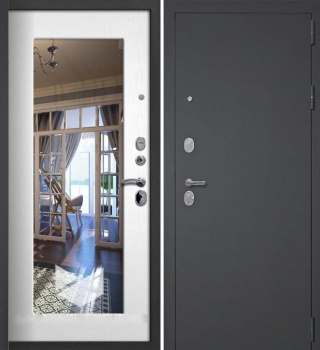 Дверь входная Волга-Бункер, 3К Модерн СБ-102, черный муар/софт белый зеркало фото Дверь входная Волга-Бункер, 3К Модерн СБ-102, черный муар/софт белый зеркало купить